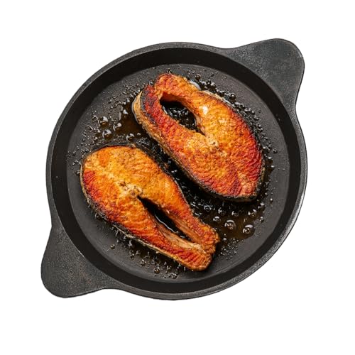 Image of Kichera 10 Inch Pre Seasoned Cast Iron Fish Fry Pan | 2 Loop Handles, 1.5kg Weight | Natural Non-Stick Induction Fish Fry Tawa Pan |Cast Iron Cookware Frying Pan | 25cm Diameter