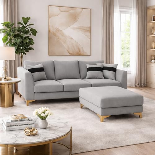 Image of Juliet 4 Seater L Shape Sofa Set with Movable Ottomans | Flexible Layout | Rich Velvet Suede Fabric | Silver Legs | Modern Sofa for Living Room (Light Grey)