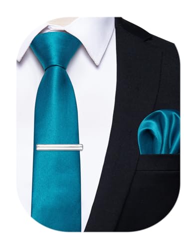 Image of YourTies Skinny Ties for Men Satin 2.4 inch Slim Necktie with Pocket Square Tie Clip Set Solid Color Wedding Party Business