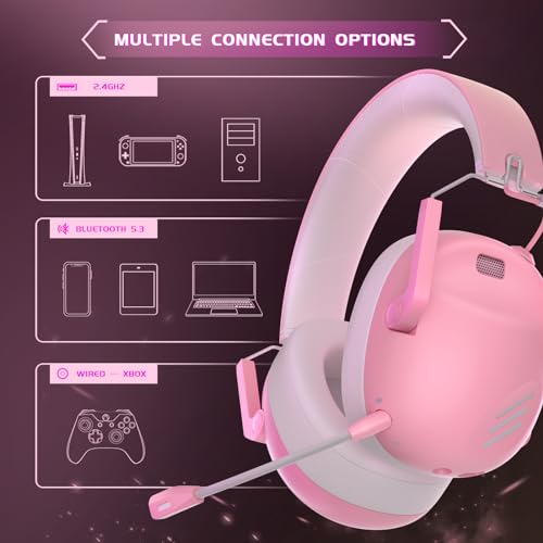 Wireless Gaming Headset for PS5, PS4, PC, NES, Bluetooth 5.3 Gaming Headsets Wireless with Noise Canceling Microphone, Gamer Headphones for Nintendo Switch, 50H Battery - Pink - Image 6