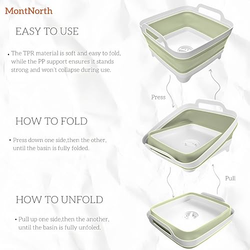 Image of 9L Collapsible Dishpan With Drain Plug - Portable Sink Basin for Kitchen, Camping, Laundry - Foldable Washing Tub, Green