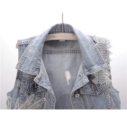 Summer Lace Beading Flowers Denim Vest Women Washed Waistcoat Slim Short Hole Sleeveless Jacket Jeans Vests3