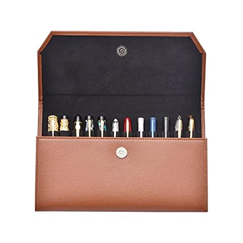 Lanxivi 12 Coffee PU Leather Fountain Pen Case Organizer Bag Portfolio, Protective Sleeve Cover Pen Holder with Divider Slot for Rollerball Pen, Pencil Collection Cover