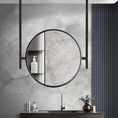 Espejo de baño circular, espejo de techo negro, espejos decorativos simples para tocador de pared, espejo redondo con barra de metal para colgar y brazo doble (tamaño: diámetro 50 cm/19,7 pulgadas)
