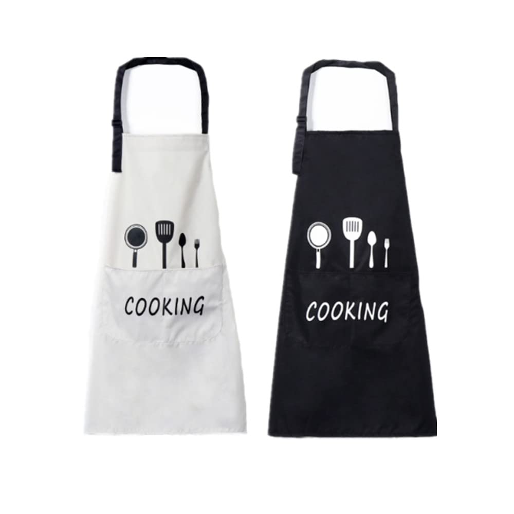 2 Pieces Apron, Kitchen Apron, BBQ Apron, Cooking Apron, with Pockets, Adjustable Chef Apron, Waterproof Bib Apron, Men Women Kitchen Restaurant Café Apron, Black and White