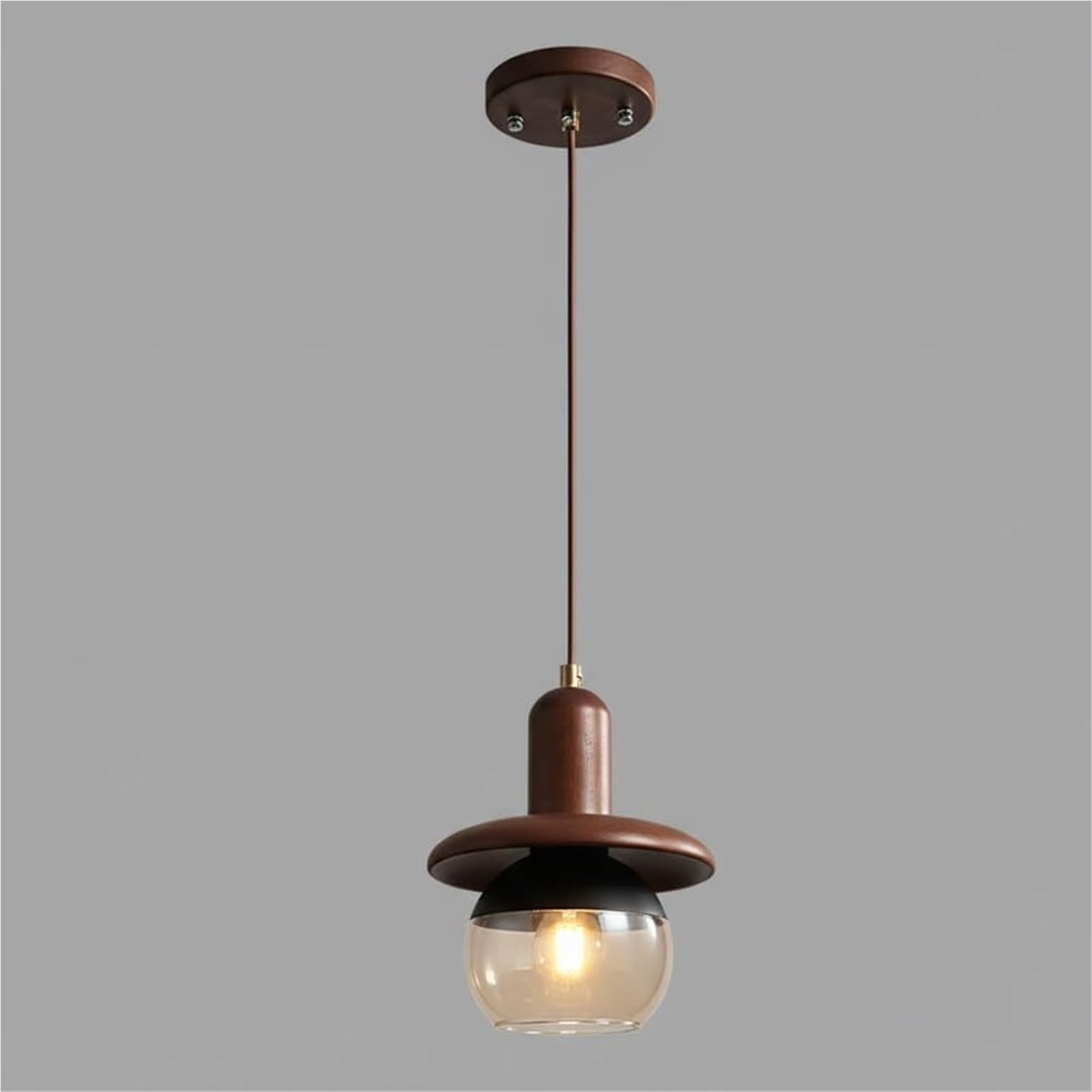 HUAYUSEDF Nordic Retro Walnut Glass Globe Pendant Lamp Chandelier Hanging Lighting Ceiling Fixture Saucer Clear for Kitchen Dining Room Bedroom Hallway