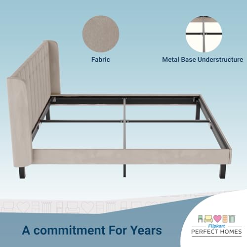 Image of Wooden Modern Upholstered Queen Size Bed for Bedroom | Wooden Double Bed Without Storage | Platform Cot Upholstered Bed with Upholstery Fabric | Engineered Wood | 6.5 x 5 Ft | Beige-A
