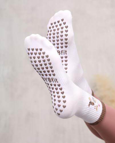 Women's Cute Grip Pilates Socks Non-Slip Crew Yoga Barre Socks with Colored cuff & Embroidery4