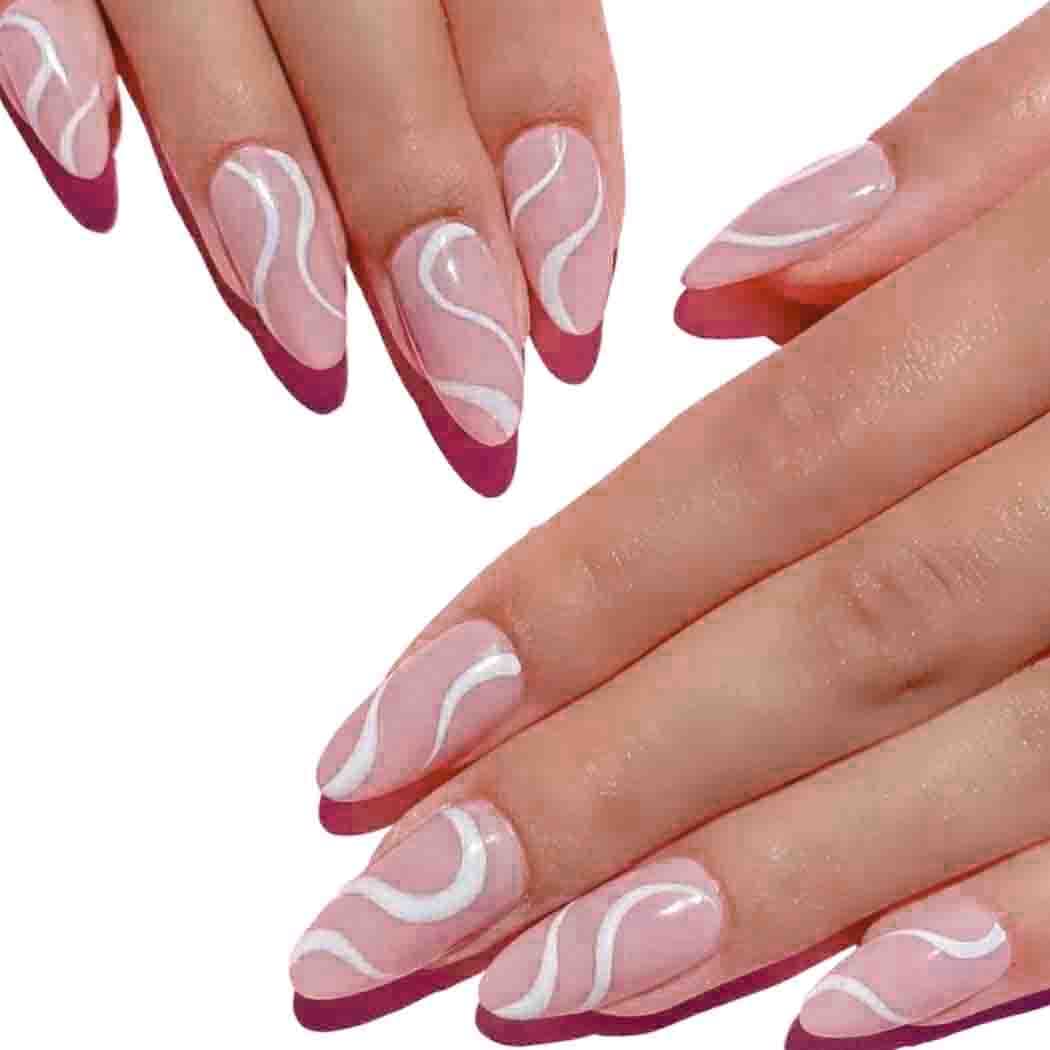 Outyua Designer Press on Nails Glossy Almond Wave Fake Nails with Designs Acrylic Pink False Nails Artifial Full Cover Nails 24Pcs (White)