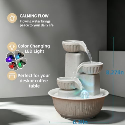 Image of Desk Fountain for Indoor Table, 3-Tier Cascading Waterfall with Warm LED Light - Compact Tabletop Water Feature, Calming Home Office Decor for Bedroom, Yoga Meditation(Cream)