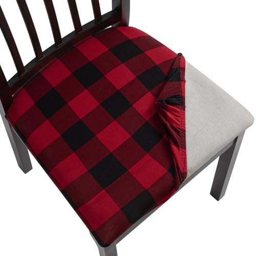 Image of SearchI 6 Pack Christmas Seat Covers for Dining Room Chairs Stretch Printed Xmas Chair Seat Covers,Removable Upholstered Chair Seat Protector for Christmas Decoration,Kitchen,Office (Black /Red Plaid)