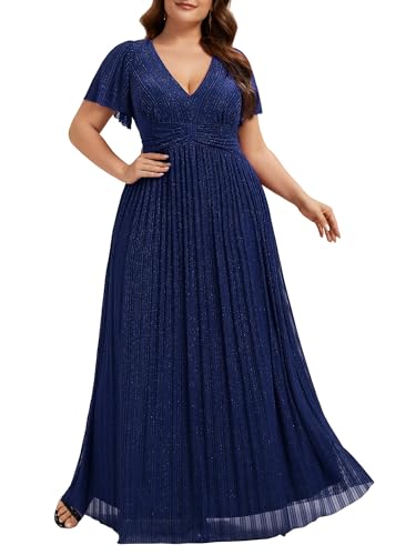Image of Ever-Pretty Women's Plus Size Glitter Formal Dresses for Curvy Women A Line V Neck Gala Mother of Bride Dress Evening Gown