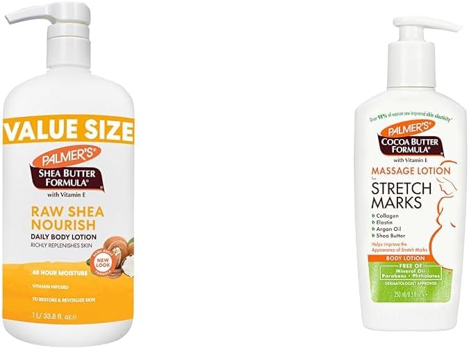 Palmer's Shea Formula Loción corporal de karité cruda para piel seca, humectante para manos y cuerpo y loción de masaje con fórmula de manteca de cacao para estrías, cuidado de la piel durante el embarazo, crema para el vientre