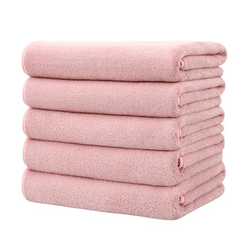 バスタオル 大判 ホテル仕様 タオル マイクロファイバー 5枚セット ふわふわ 吸水 速乾 耐久性 家庭用 サロン ジム サウナ バス用品 業務用 (ピンク)
