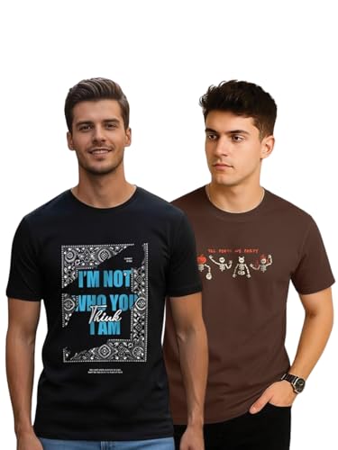 Image of Veirdo Men's Trendy Graphic Regular Fit T-Shirt Combo Pack of 2 | Casual Pure Cotton Round Neck Tees | Stylish Fashion Tops for Everyday Wear | Sizes: S to XXL
