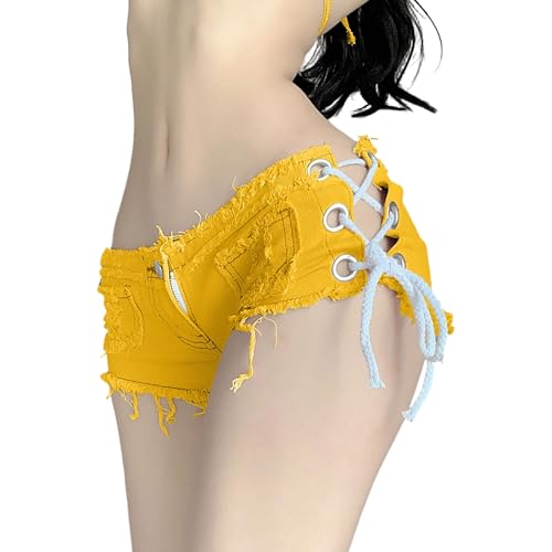 Shorts Vaqueros Cortos Ajustados para Mujer, Estilo Desgastado, con Cintura Sexy, Estilo botín, con Cordones, deshilachados, Ideales para la Playa o la Discoteca, Color Amarillo, Talla M.
