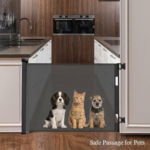 Image of Safe-O-Kid Retractable Baby Safety Gate, 80cm High x 150 cm Wide, Auto-Lock Mesh Safety Gate for Babies & Pets, Child Safety Barrier for Stairs, Doorways, Hallways, Kitchen, Indoor & Outdoor, Black