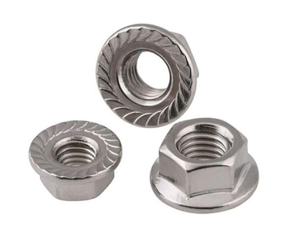 Dado esagonale con flangia zigrinata metrici M6 DIN 6923 (50 pezzi). Acciaio inossidabile AISI 304 (A2). Passo della filettatura 1 (standard). Dadi con rondella zigrinata.