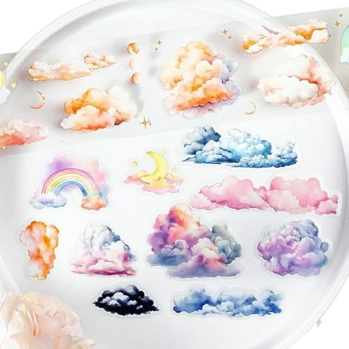 型抜き ダイカットテープ 幅広50mm 雲 くも 虹 天気 星 月 幻想的 イラスト 耐水 マスキングテープ クリアテープ コラージュ素材 おしゃれ PET 天気シール くもシール 虹 スクラップブック デコレーション コラージュ ハンドメイド 手帳 DI
