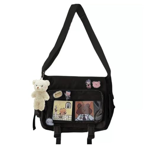 MILLEVIBE Bolsa tiracolo Kawaii para mulheres com alfinete e urso de pelúcia - Bolsa mensageiro japonesa Y2K bolsa de ombro, 02 Preto