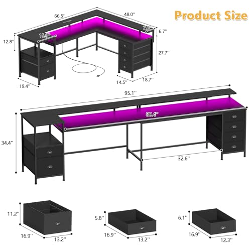 Image of Furologee 95 inch Two Person Computer Gaming Desk, Long 2 Person Home Office Desk with 6 Drawers & Storage Shelves, Double Table with Power Outlets, LED Lights and Full Monitor Shelf, Black