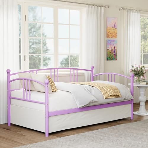 Image of Garvee Twin Metal Daybed, Metal Sofa Bed Frame with Arched Headboard, Guest Sofa Bed with Steel Slat Support, No Box Spring Required, Easy Assembly, Purple
