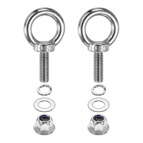 Image of PATIKIL M10 x 30mm Shoulder Eye Bolt, 2 Pcs 304 Stainless Steel Lifting Ring Threaded Eye Bolt with Flange Lock Nuts Spring and Flat Washers for Hanging Tie Down Straps Outdoor Indoor