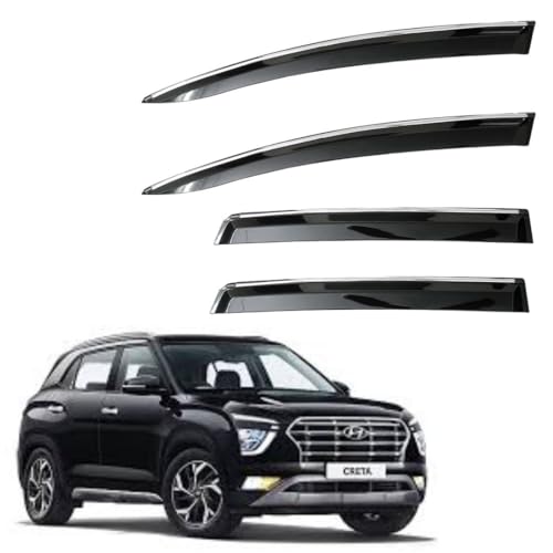 Image of CAR SAAZ Unbreakable Chrome Smoke Door Visor for Creta Type-3 (2020-2024) | Premium Sun, Rain Wind Deflector Chrome Strip Side Door Rain Visor - Set of 4 Pcs