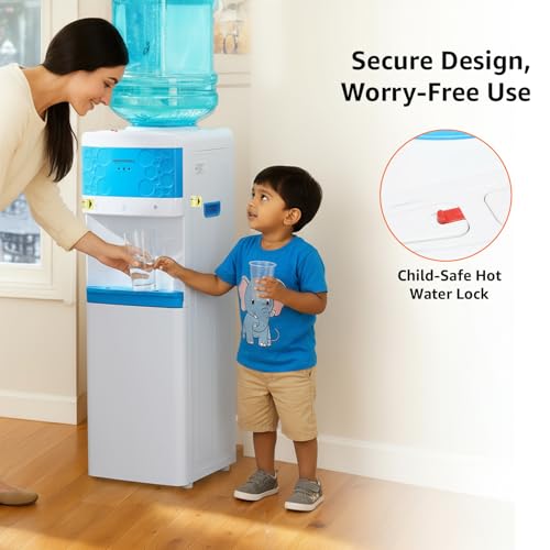 Image of amazon basics Hot and Cold Floor Standing Water Dispenser, Top Loading, 20Litre White & Blue Deco