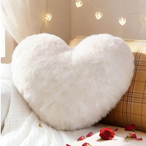 Herz Kissen Kuschelkissen Zimmer Decor Kuscheliges Dekokissen 46 x 36 cm Valentinstag Herzkissen Love Zierkissen Dekokissen Plüsch Kissen für Wohnzimmer Sofa Schlafzimmer Bett Reisen (Weiß)
