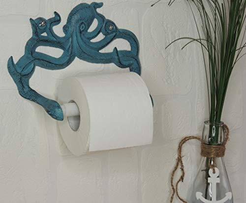 Decorative Cast Iron Octopus Toilet Paper Roll Holder  Wall Mounted Octopus Décor for Bathroom  Kraken, Nautical Bathroom Accessories  Easy to Install with Included Screws and Anchors - Blue