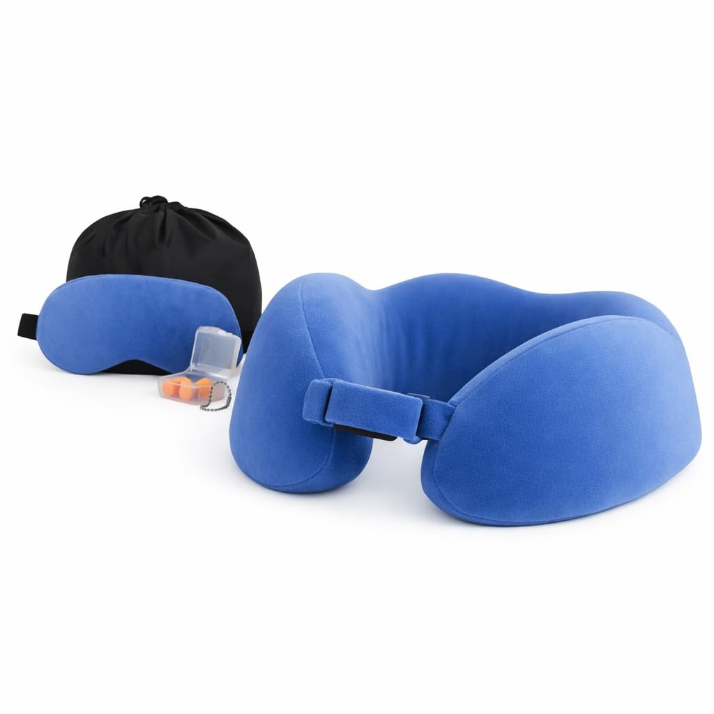 TROVAZO Premium Memory Foam Travel Neck Pillow Combo with Eye Mask & Ear Plugs, Ergonomic U Shape Neck Support Cushion for Airplane, Car, Train Travel Kit, Soft Washable Cover, Aero Blue-image-38