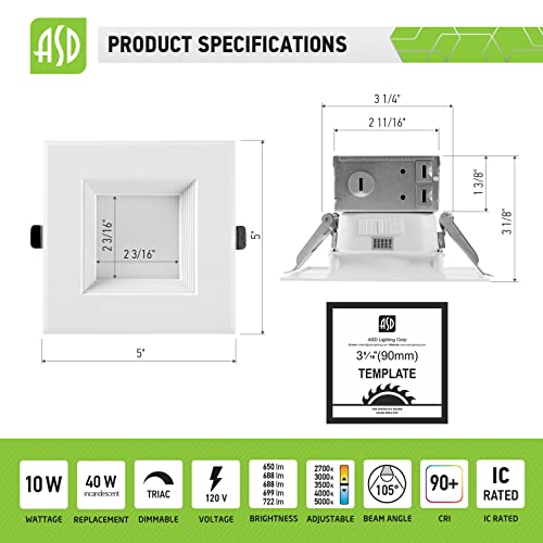 Asd 12 Pack 4 Inch Led Recessed Lighting With Integrated Junction Box - 10W 722Lm 2700K-5000K Cct Selectable Dimmable Canless Light - Wet Location & Ic Rated Square Downlight - Ul & Energy Star #TOP1