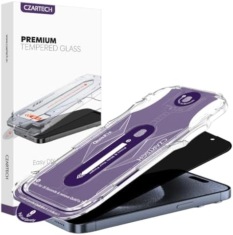CZARTECH [Auto-Align Privacy Tempered Glass for iPhone 15 Pro Edge to Edge Quick Fix Screen Guard Protector with Easy Application Kit.