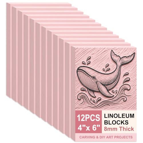 SGHUO 12pcs 4x6 Pink Rubber Linoleum Blocks for Printmaking Rubber Stamps Linoleum Block Stamp Making Kit for DIY Crafts & Art Projects (8mm Thick)