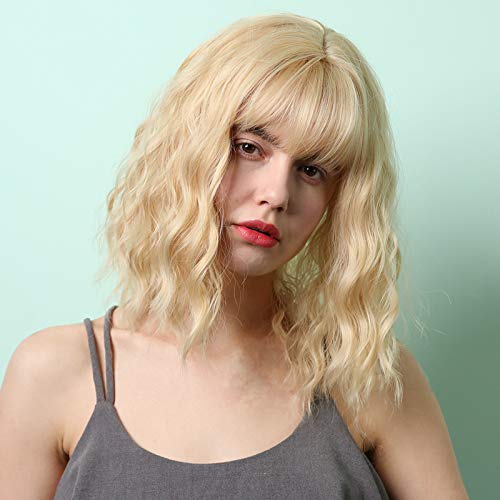 UBORSE 16" Short Pastel Wavy Wig With Bangs for Women Curly Bob Wigs Heat Resistant Synthetic Cosplay Party Hair Wigs (16", Blonde)