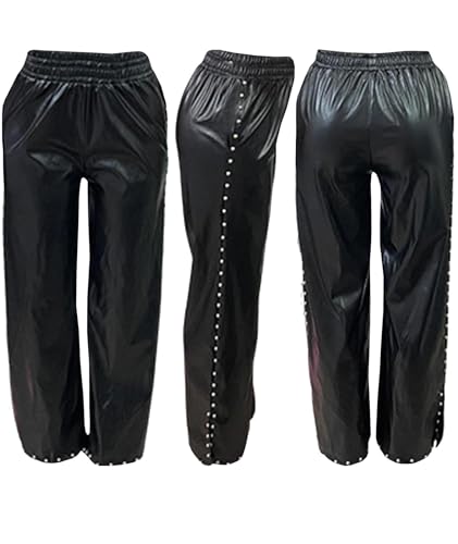 SOMTHRON Women's PU Faux Leather Pants Elastic High Waist Straight Wide Leg Pearls Studded Side Slit Trousers4
