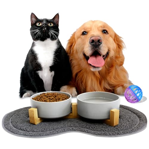 YUTUY Grau Keramik Hundenapf Katzennapf Fressnapf Napf für Hund Katzen mit Massivholz Ständer,Glocke und Rutschfester Unterlage,Hundenapf Keramik für Katzen Hunde Welpe Futter und Wass Wood Stand