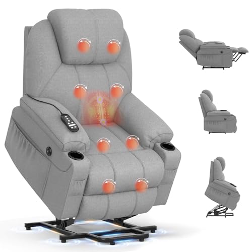 BareTay Recliner Armchair Lift Chair For the Elderly Power Recliner Chair with Massage & Heat Extended Footrest Type C+USB Ports 2 Cup Holders Dual Side Pockets Reclining Chairs Lounge Sofa