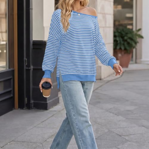Women's Off Shoulder Sweatshirts Loose Fit Striped Pullover Tops Blue — view 3