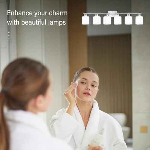 Image of Large Bathroom Vanity Light Fixture, 6 Light Anti-Rust Finish with Milky White Frosted Glass Shades, 38 Inch Bath Light Above Mirror Light Fixture