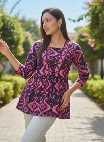 Image of NAINVISH Women's Blue Floral Printed A-line Square Neck Top (SD669 T)