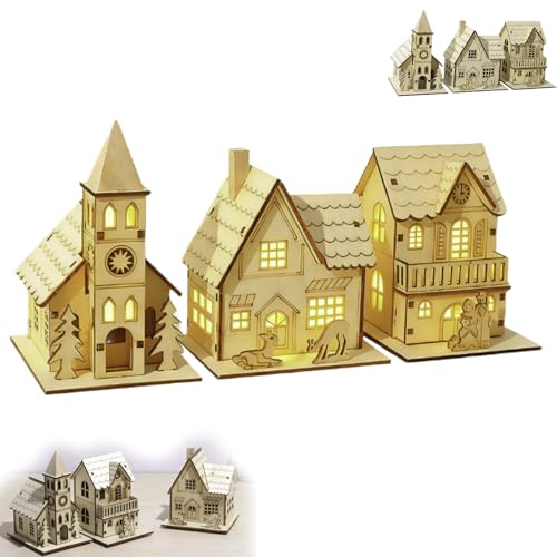 Genérico 3 peças casas natalícias de madeira, casa luminosa LED de cidade natalícia, casas de madeira para quadro para trabalhos manuais, casas de Natal para vila para secretária, armários, peitoril