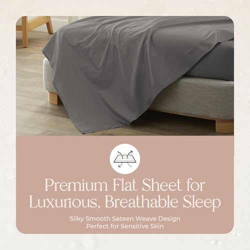 Image of Certified Organic Twin Flat Sheet Only - 100% Organic Cotton Top Sheet with Luxurious Soft and Breathable 300 Thread Count Sateen Weave Finish - GOTS & Fairtrade Certified (Stone, Twin)