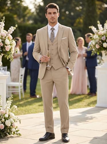 Image of Men's 3 Piece Slim Fit Suit Set, Two Button Blazer Solid Jacket Vest Pants Wedding Business Suit