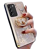 AmazFCCY Galaxy A14 5G Kickstand Case, Cute Marble Conch Shell Floral Butterfly with Ring Stand Mirror Elegant Shockproof Protective Cover for Girls Women for Samsung A14 5G (Rose Gold)