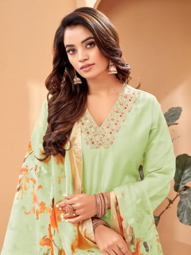 Image of SHIENZY Cotton Blend Embroidered V Neck Kurta Set for Women | Straight Fit Kurta with Pants & Dupatta | Casual Office Wear Ethnic Kurti for Women