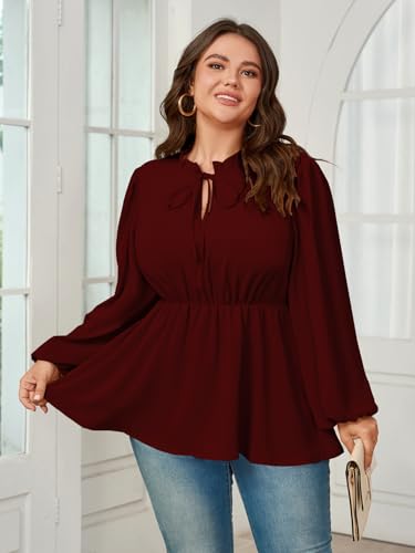 Womens Plus Size Blouse Tops Long Sleeve Tie Front Work Tops Dressy Casual Flowy Ruffle Peplum Tops for Women3