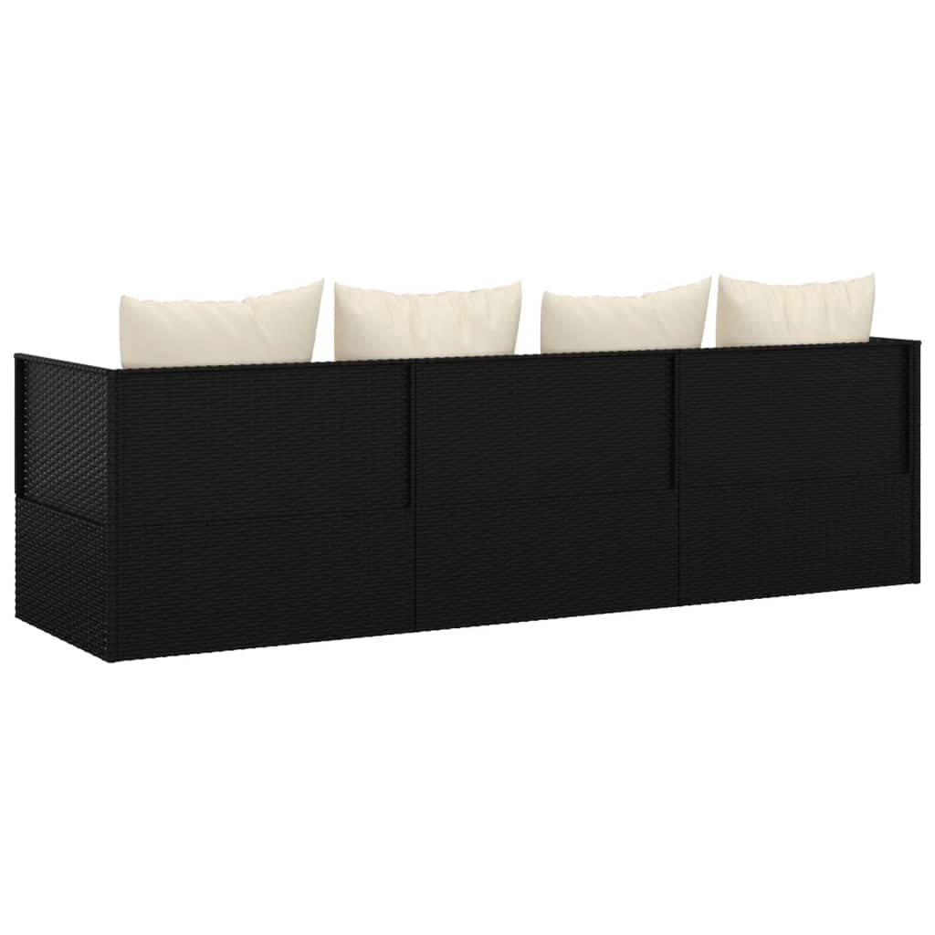 Cama de salón para exteriores con cojín de polirratán negro con 4 cojines reclinables color negro con marco de acero