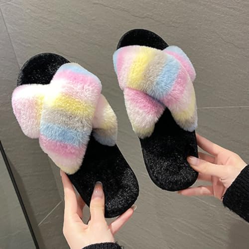 Women's Multicolor Fuzzy Fluffy Slippers Comfy Cross Band House Shoes Memory Foam Open Toe Indoor Outdoor Sandals Gifts for Ladies2